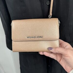 Michael‎ Kors Crossbody Wallet on Chain Bag Rose Gold Glitter Saffiano Leather